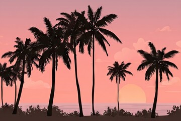Silhouette of palm trees at sunset over the ocean.