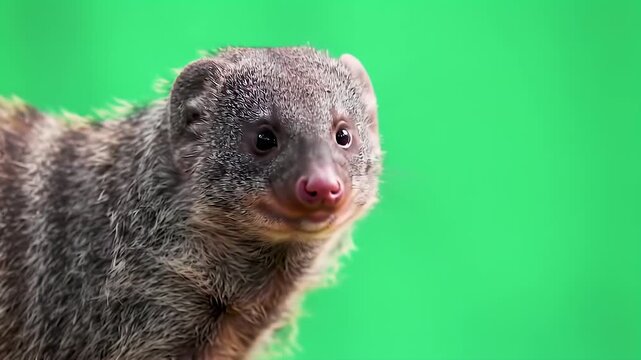 Cute striped small mammal portrait on vibrant green background, furry animal looking forward with pink nose.