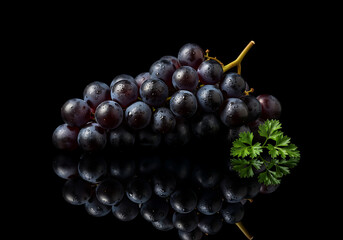 Grapes Glisten with Parsley Sprig on Dark Reflective Surface