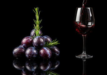 Wine Pours Beside Plums with Rosemary on Black Reflective Surface