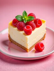 Raspberry Cheesecake Slice with Mint on Pink Plate