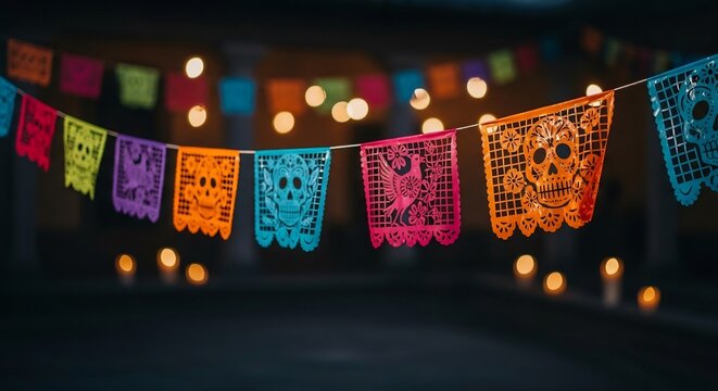 Vibrant papel picado, traditional Mexican folk art. Perfect for Dia de los Muertos, Hispanic Heritage Month, festive celebrations, cultural events, and colorful designs.