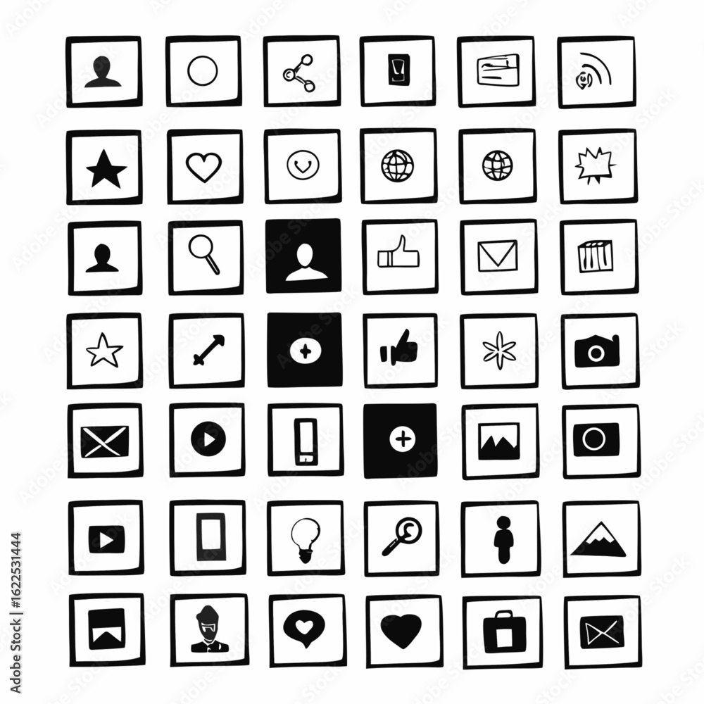 Aufkleber minimilist collection of hand drawn square icons representing various symbols and interfaces in a gr