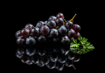 Grapes Glisten with Parsley Sprig on Dark Reflective Surface