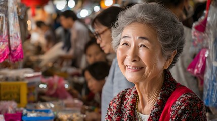 Fototapeta premium A candid portrait of a joyful elderly Asian woman walking through a bustling local market, captured with warm natural light.