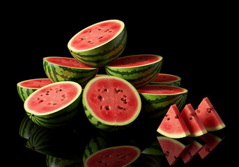 Watermelon Pieces Stack on Dark Reflective Surface