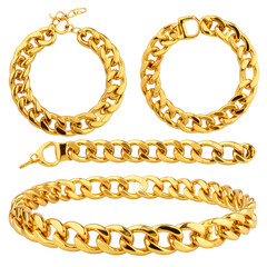 Gold jewelry. Gold chain bracelet and necklace isolated on white and transparent background.