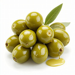 Pile of Green Olives with Olive Oil Drizzling Closeup