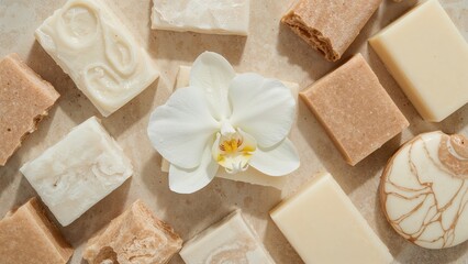 Selection of organic vanilla and cocoa butter soaps complemented by white orchid petals for calming effects