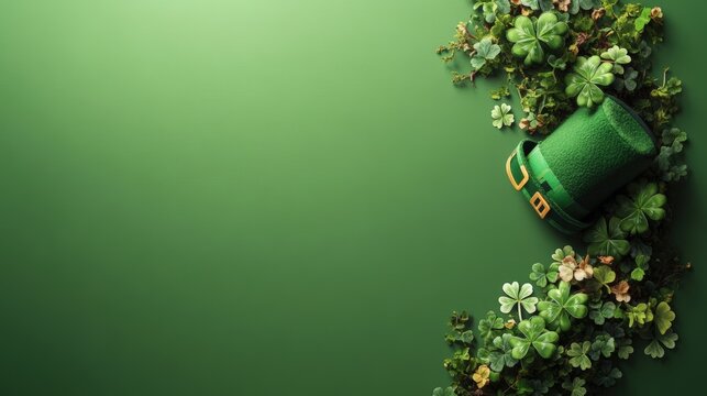 St. Patrick's Day celebration with green hat and four leaf clovers on vibrant green background - Powered by Adobe