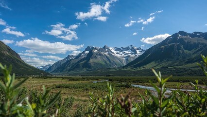 Fototapeta premium Mountainous valley landscape with distant peaks
