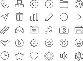 Fototapeta premium Collection of thin black line icons on white background including phone mail trash camera and play button