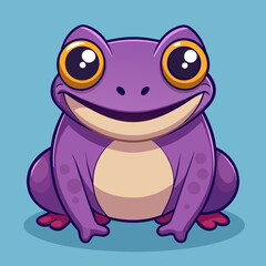 A cheerful cartoon purple frog with large eyes, sitting happily against a plain background.