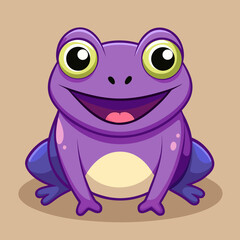 A cheerful cartoon purple frog with large eyes, sitting happily against a plain background.