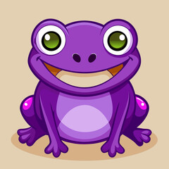 A cheerful cartoon purple frog with large eyes, sitting happily against a plain background.