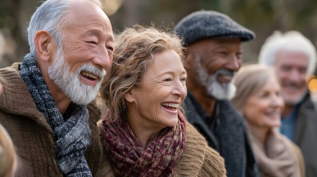 Authentic lifestyle moment of a diverse group of senior citizens walking and laughing in a park during golden hour. - Powered by Adobe
