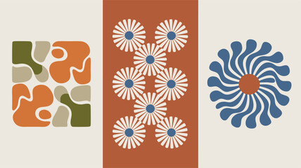 Abstract Retro Geometric Shapes Square Blobs, White Daisies, and Swirled Blue Pattern on Neutral Background