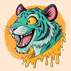 Cartoon teal tiger head with dripping gold collar isolated on white background