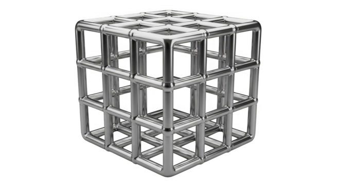 Interconnected metal cube structure against black void