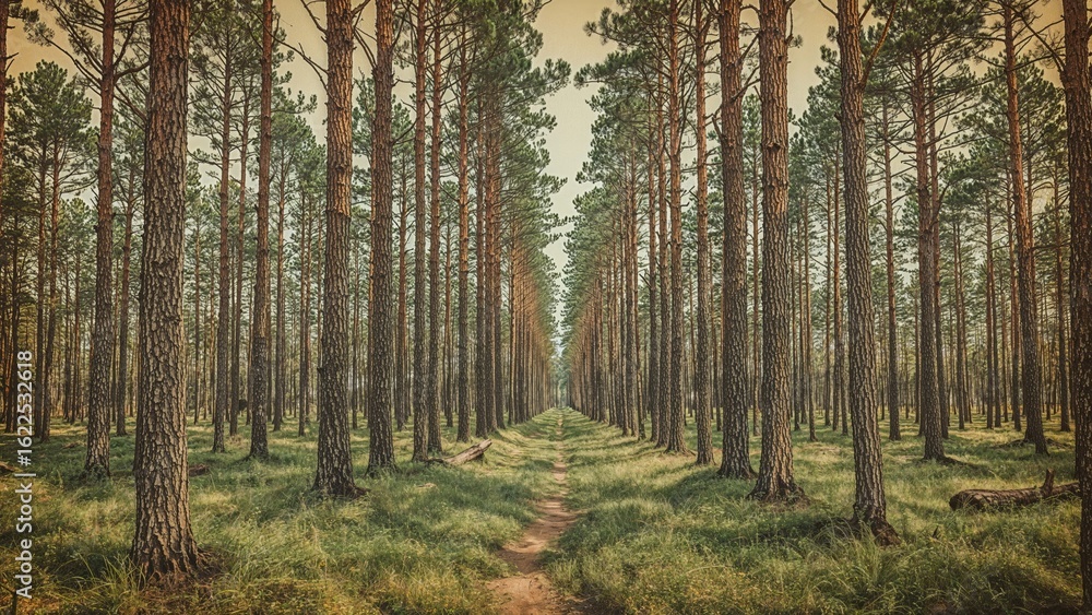 Poster vintage sketch of a forest panorama, showcasing the complex patterns of tree bark that craft a mesme