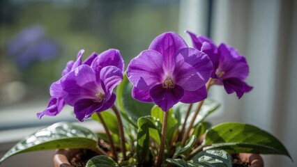 Close-up of blooming violets in a pot on a sunny windowsill