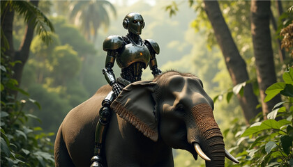 Fototapeta premium Futuristic Robot Riding Elephant
