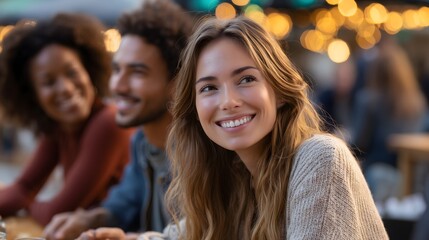 Multicultural friends share a meal at an outdoor cafe, representing a diverse urban lifestyle.