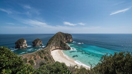 In scorching temperatures, the panorama of rocky cliffs and clear ocean water unfolds.