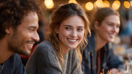 Fototapeta premium Multicultural friends share a meal at an outdoor cafe, representing a diverse urban lifestyle.