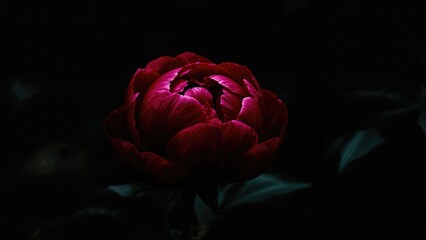 Artistic close-up of a bright red peony head highlighting its rich petals in a dim setting