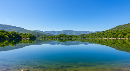 Fototapeta premium Clear blue alpine lake with snow-capped mountains and mirror-like reflection, showcasing pristine wilderness and breathtaking mountain landscape 
