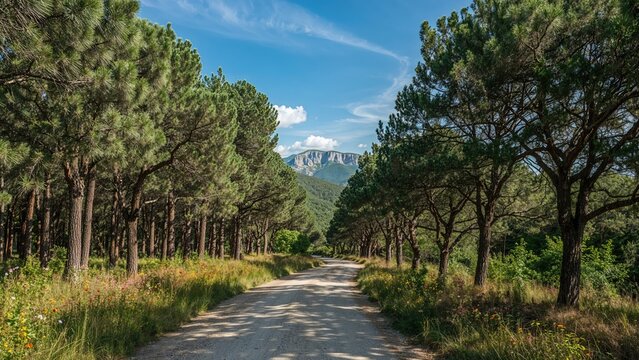 Nature-filled rugged road surrounded by forest and hills with a clear sky above