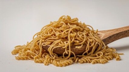 Raw Fusilli Noodles with Wooden Spoon. Dry Pasta Ready for Cooking. Unhealthy Fatty Cuisine. Traditional Italian Heritage
