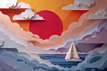 Colorful paper cutouts of clouds, sun, and sailboat.
