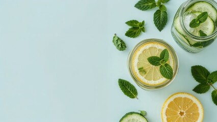 Healthy eating and exercise motivation. Fresh detox water with lemon, cucumber, and mint in a jar. Lemonade and fitness drink concept. Flat lay overhead shot with light background and copy space.