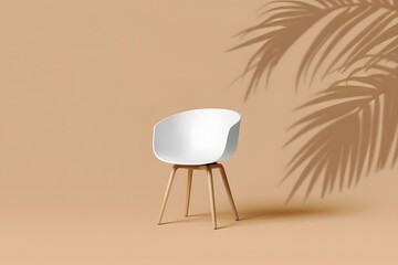Modern White Chair with Palm Leaf Shadow on Beige Background