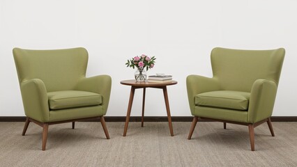 Comfortable seating arrangement with green armchairs, a small table, and decorative elements for therapy sessions.