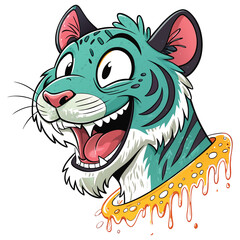 Cartoon teal tiger head with dripping gold collar isolated on white background