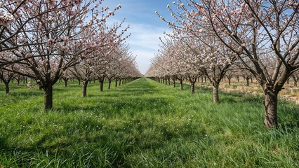 Sweet-smelling pink and white flowers adorn the grove of almond trees as fresh green grass spreads beneath in late winter.