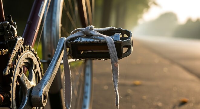 A vintage bicycle with a toe clip pedal parked on a country road during a hazy, golden sunrise.