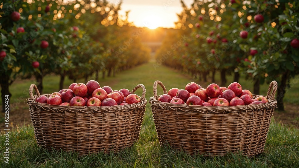 Poster at sunset, two wicker containers packed with red apples are set against a backdrop of apple trees, e