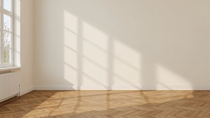 Fototapeta premium Realistic 3D setting of an empty warm beige room with oak parquet floor and baseboard, illuminated by morning light casting window frame shadows, ideal for household product presentation mockup.