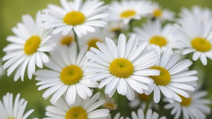 Fototapeta premium Fresh white daisies in full bloom, arranged beautifully against a green backdrop.