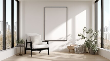 Fototapeta premium Modern minimalist living room mockup with a blank poster