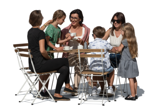 Three women with kids sitting in a cafe in summer, isolated on transparent and white background