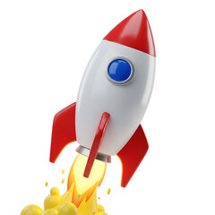 Cartoon rocket blasting off into space with fiery exhaust against a stark black background