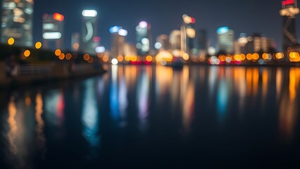 City lights reflected in water creating a soft gradient effect in an atmospheric night scene.