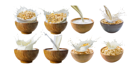 Oatmeal and Milk Splash in Wooden Bowls Collection,PNG set collection, isolated on transparent background
