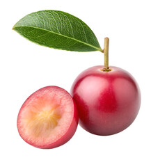 Red Camu Berry and Slice with Green Leaf fruit