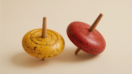 Dynamic movement of dual wooden tops in bright colors, representing teamwork and playful rotation